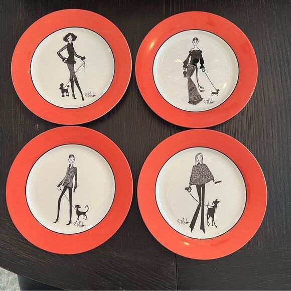 4 Nordstrom Ruben Toledo Salad Dessert Plate Fashion Limited Edition 2002 Dogs - Picture 1 of 10